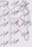 Sketch of patterns for the back of a straight combo sheath dress with a bow
